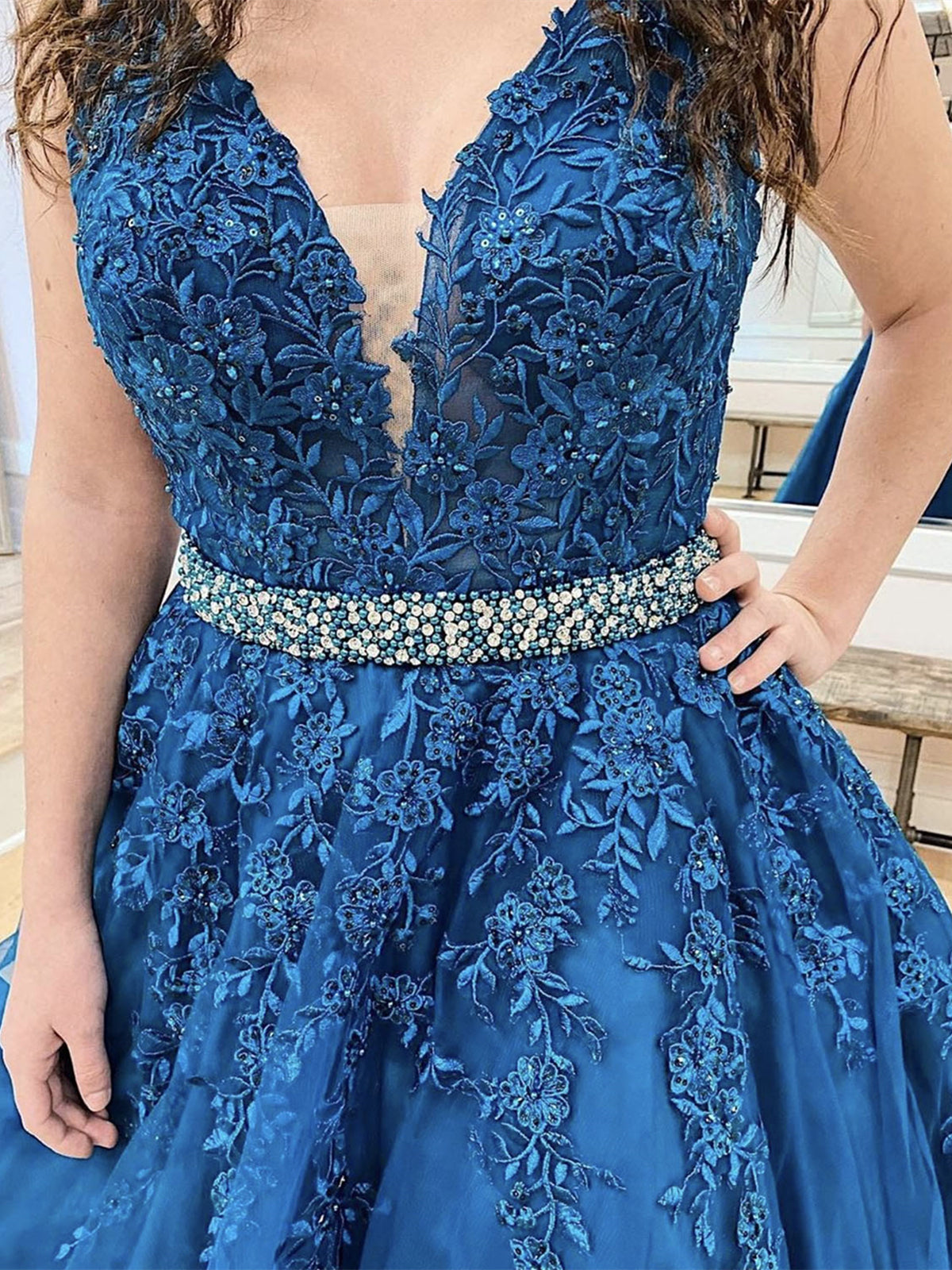 sachin and babi light blue dress A-Line V-Neck Long Sleeves Royal Blue Homecoming Dress with Lace,BD006 –  SposaBridal main image 1