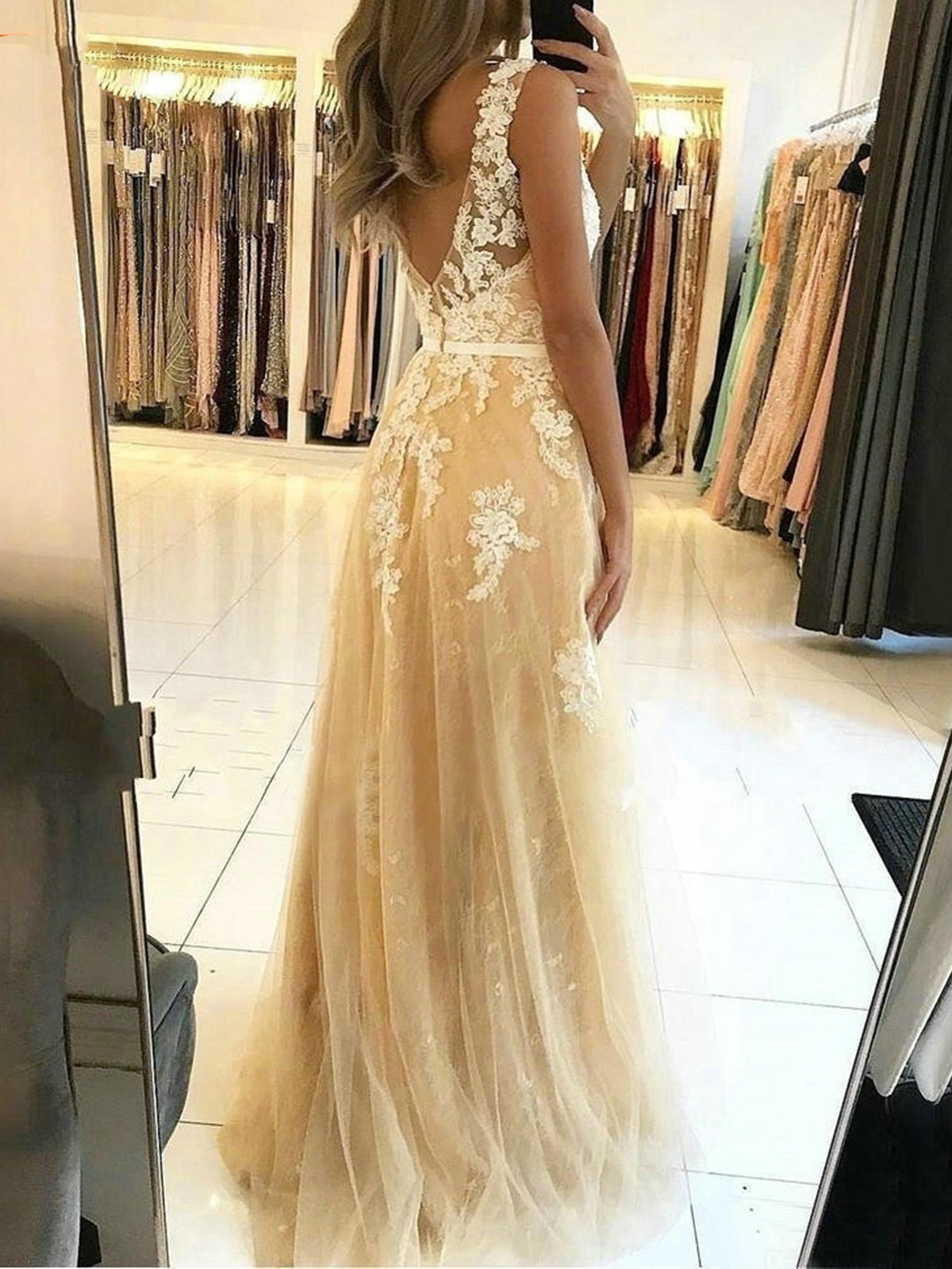 Long A-Line V-Neck Tulle Lace Prom Dress Champagne Backless Formal Graduation Evening Dresses Long A-Line V-Neck Tulle Lace Prom Dress Champagne Backless Formal Graduation Evening Dresses