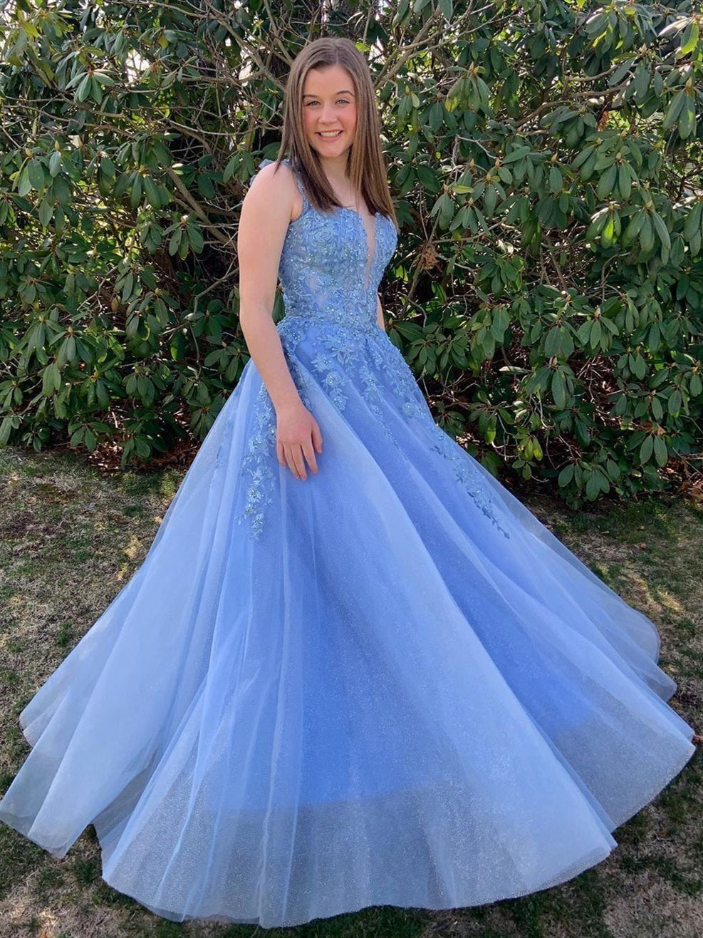 Purple Long A-line V Neck Tulle Lace Prom Formal Graduation Evening Dresses main image 1