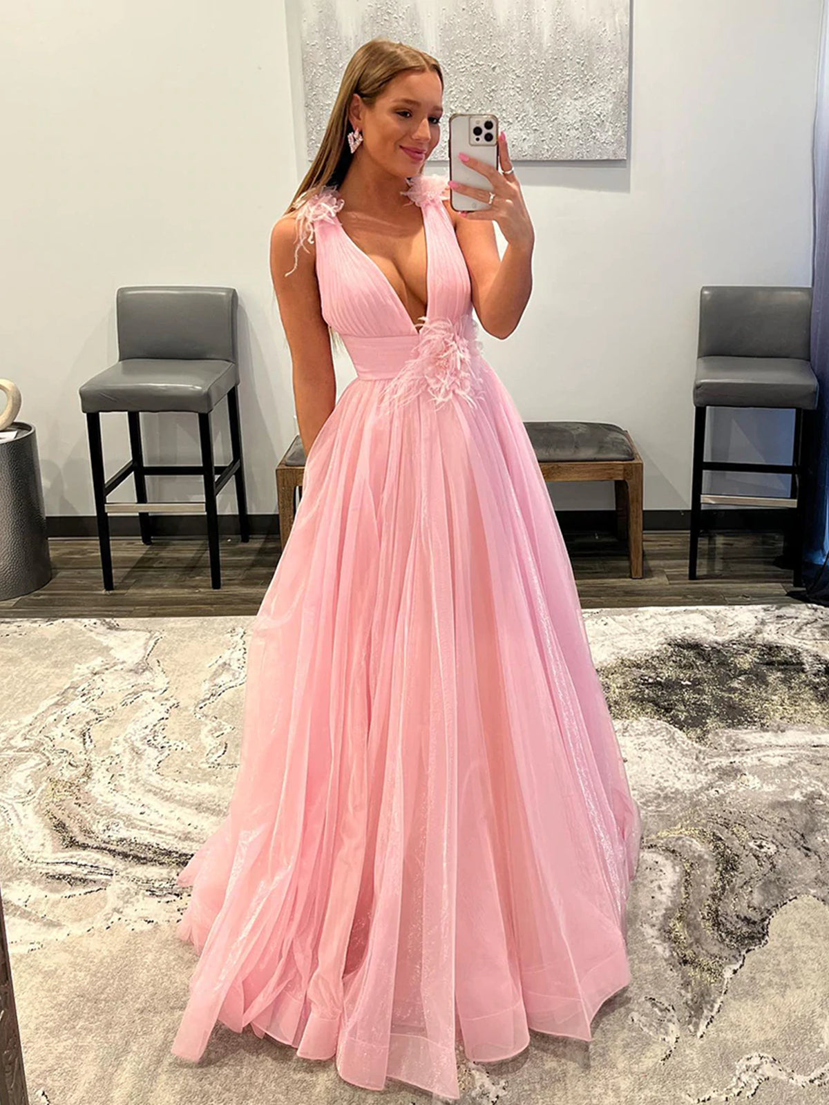 Long A-line V-neck Tulle Prom Dress with Pockets Pink Formal Graduation Evening Dresses Long A-line V-neck Tulle Prom Dress with Pockets Pink Formal Graduation Evening Dresses