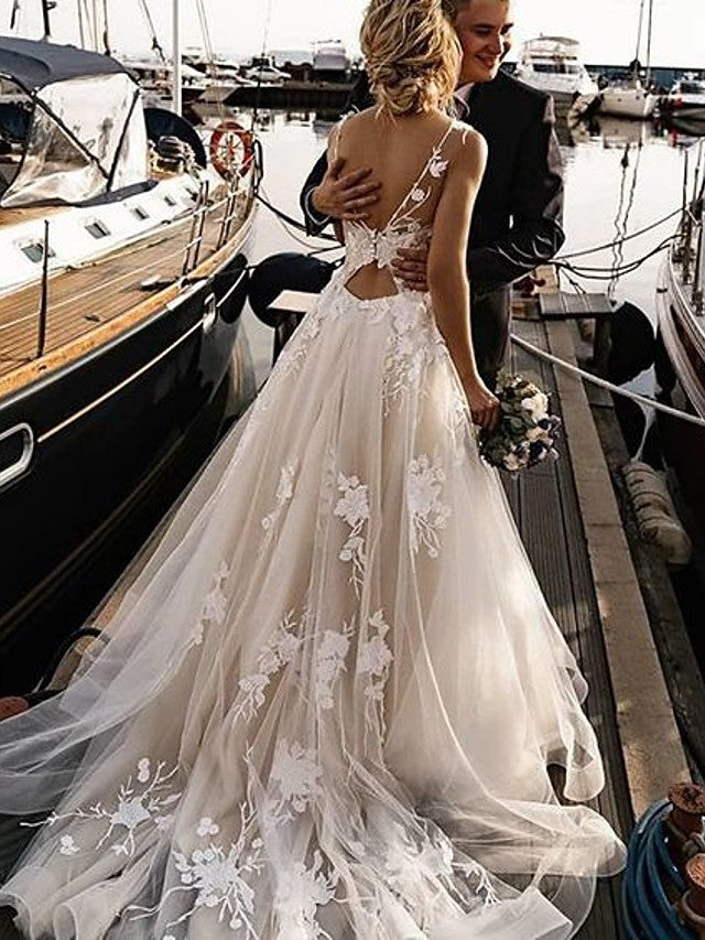 Long A-Line V Neck Tulle Spaghetti Strap Backless Wedding Dresses Long A-Line V Neck Tulle Spaghetti Strap Backless Wedding Dresses