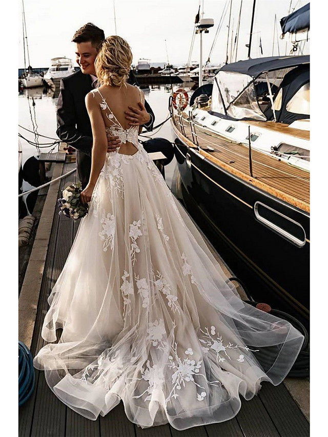 a line v neck spaghetti strap wedding dress Lace Spaghetti Straps V Neck A-line Wedding Dress With Sweep Train C0023, White