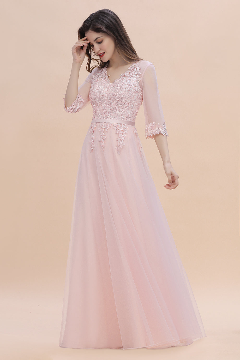 Long A-line V-neck Wedding Guest Dress Romantic Pink Bridesmaid Dress with Sleeves Long A-line V-neck Wedding Guest Dress Romantic Pink Bridesmaid Dress with Sleeves