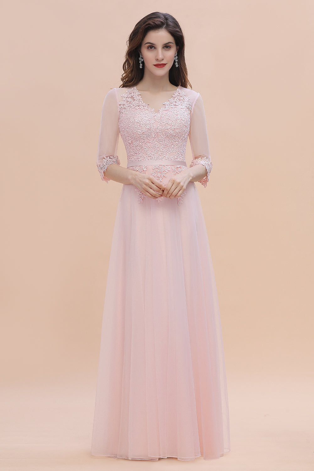 Long A-line V-neck Wedding Guest Dress Romantic Pink Bridesmaid Dress with Sleeves Long A-line V-neck Wedding Guest Dress Romantic Pink Bridesmaid Dress with Sleeves