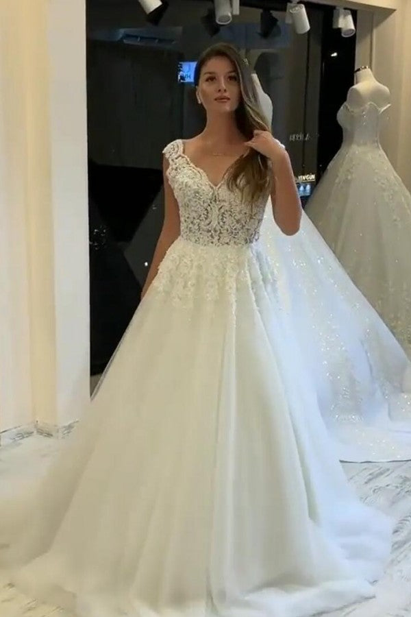 Gorgeous A Line Square Neck Lace Wedding Dress VK5111210