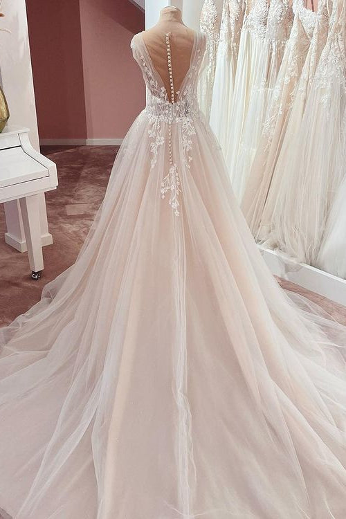 Beach Long A Line V Neck Tulle Lace Appliques Wedding Dress main image 0