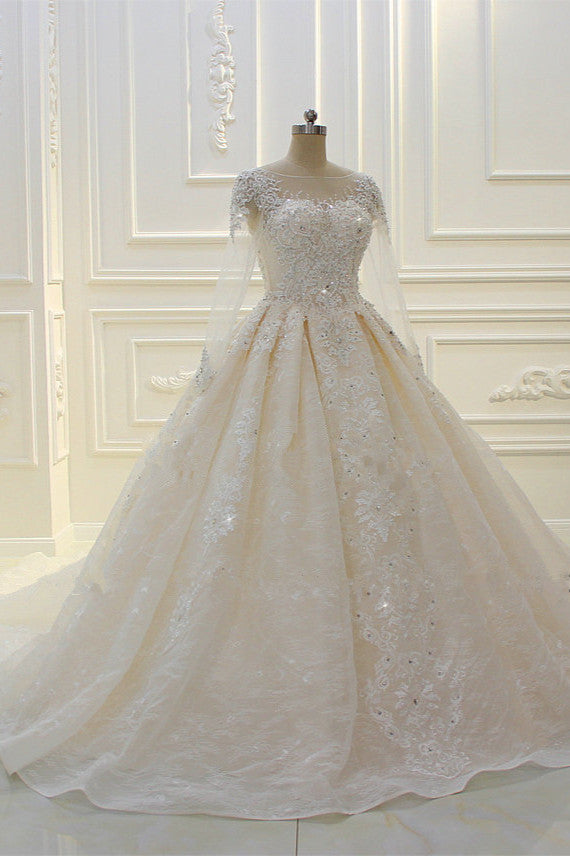 Long Ball Gown Beading Bateau Appliques Lace Wedding Dress with Sleeve –  BIZTUNNEL
