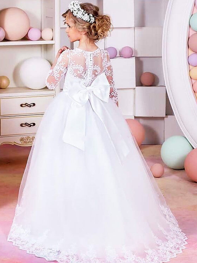 Half Sleeve Jewel Long Length Flower Girl Dress with Lace Tulle and Lace Belt Bow