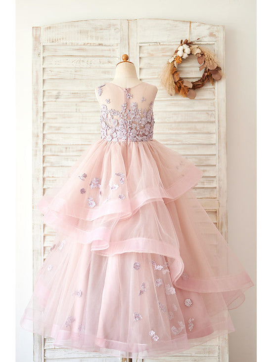 Long Ball Gown Lace Tulle Sleeveless Jewel Neck Wedding Birthday Flower Girl Dresses-BIZTUNNEL