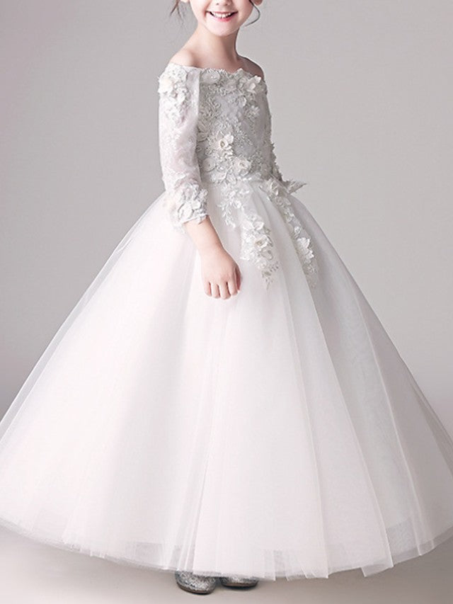 off the shoulder communion dress Long Ball Gown Off Shoulder First Communion Flower Girl Dresses with Sleeves