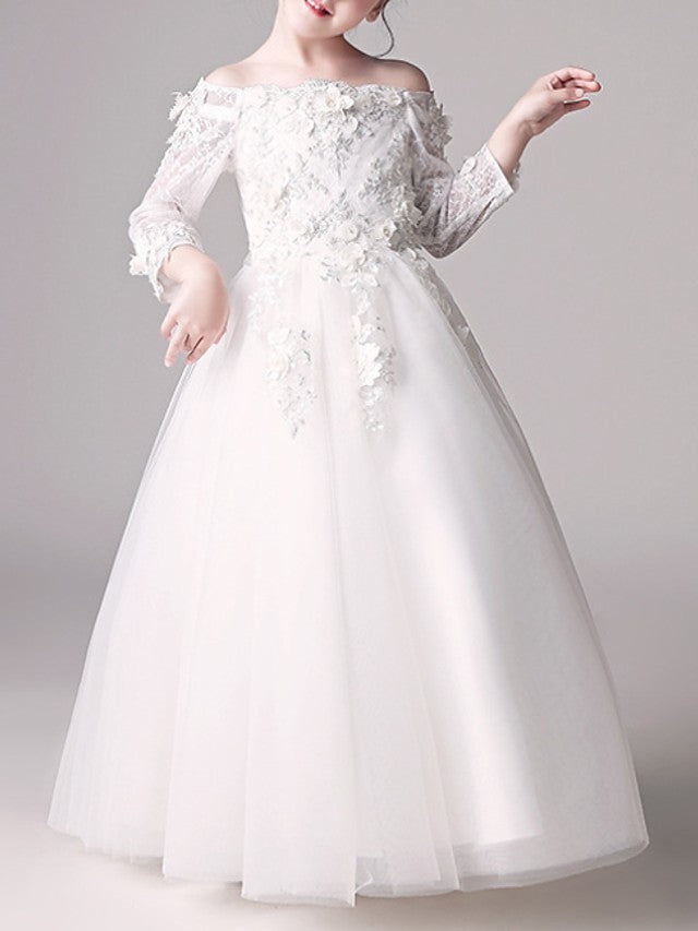 off the shoulder first communion dresses Long Ball Gown Off Shoulder First Communion Flower Girl Dresses with Sleeves