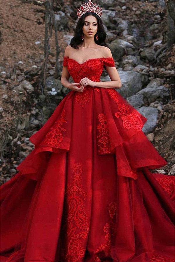 red prom dress off the shoulder Long Ball Gown Off the Shoulder Satin Lace Red Prom Dress