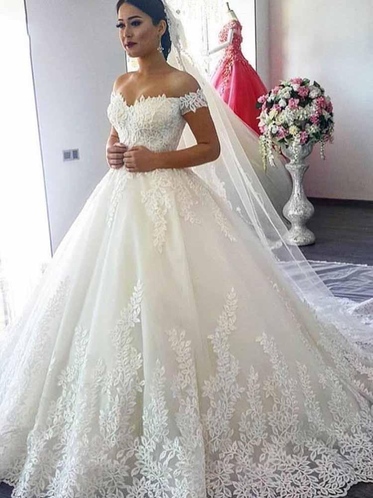 Long Ball Gown Off-the-Shoulder Tulle Lace Beads Wedding Dresses Long Ball Gown Off-the-Shoulder Tulle Lace Beads Wedding Dresses