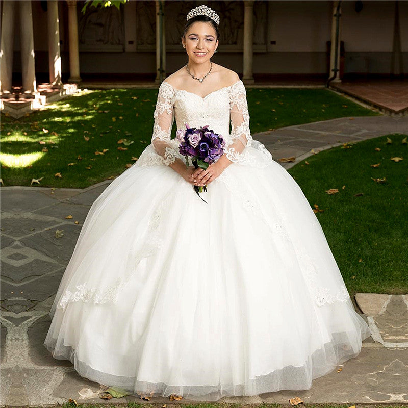 Long Ball Gown Off-The-Shoulder Tulle White Quinceanera Dress with Sleeves Long Ball Gown Off-The-Shoulder Tulle White Quinceanera Dress with Sleeves