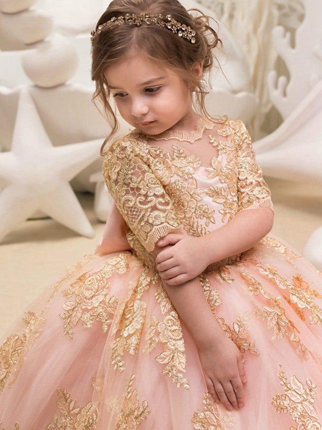 Long Ball Gown Tulle Half Sleeve Jewel Neck Wedding Party Flower Girl Dresses Long Ball Gown Tulle Half Sleeve Jewel Neck Wedding Party Flower Girl Dresses