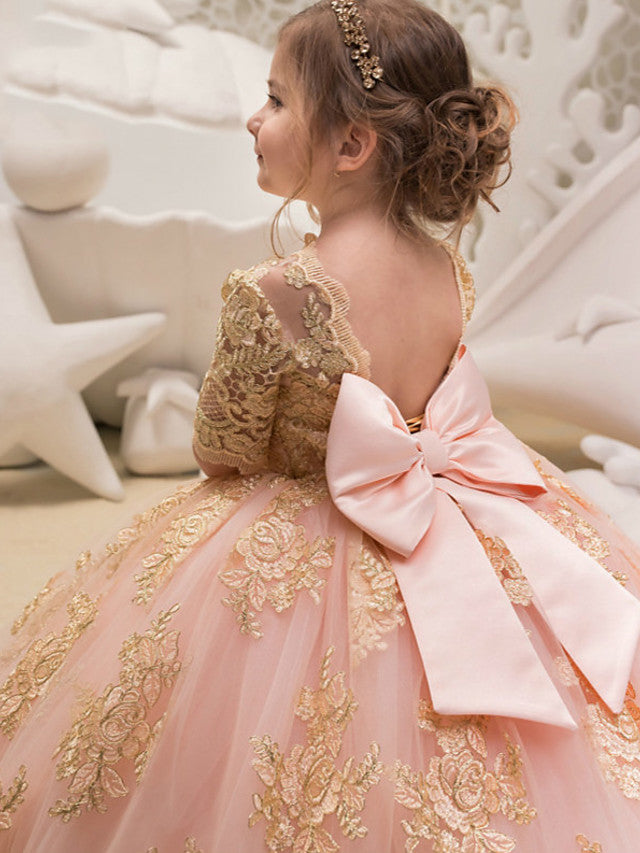 Long Ball Gown Tulle Half Sleeve Jewel Neck Wedding Party Flower Girl Dresses-BIZTUNNEL