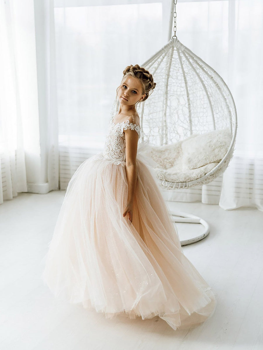 Open Back Satin Tulle Flower Girl Dress  With Bow