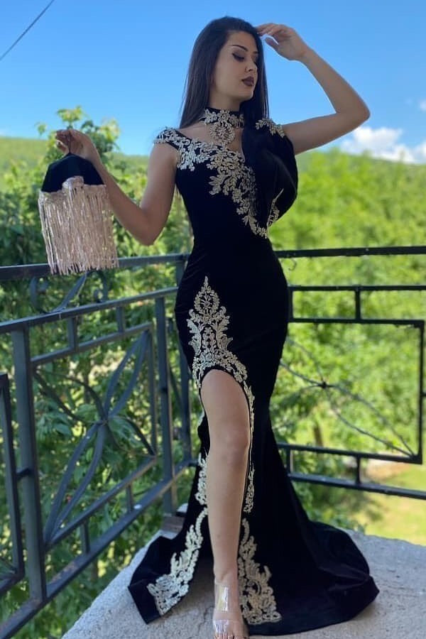 Long Black Mermaid High Neck Appliques Lace Velvet Prom Dress With Sli –  BIZTUNNEL