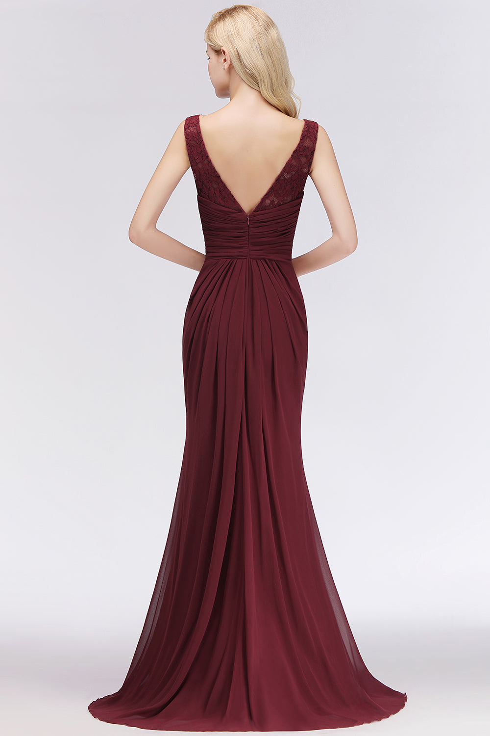 Long Chiffon Lace Scoop A-Line Ruffles Burgundy Bridesmaid Dresses