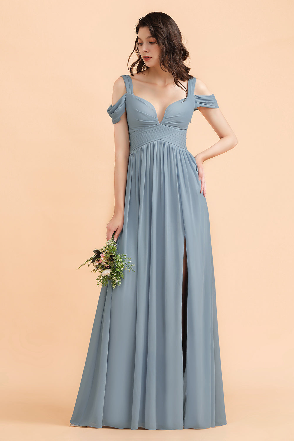 Long Chiffon Off-the-Shoulder Sweetheart Grey Blue Bridesmaid Dress With Slit Long Chiffon Off-the-Shoulder Sweetheart Grey Blue Bridesmaid Dress With Slit