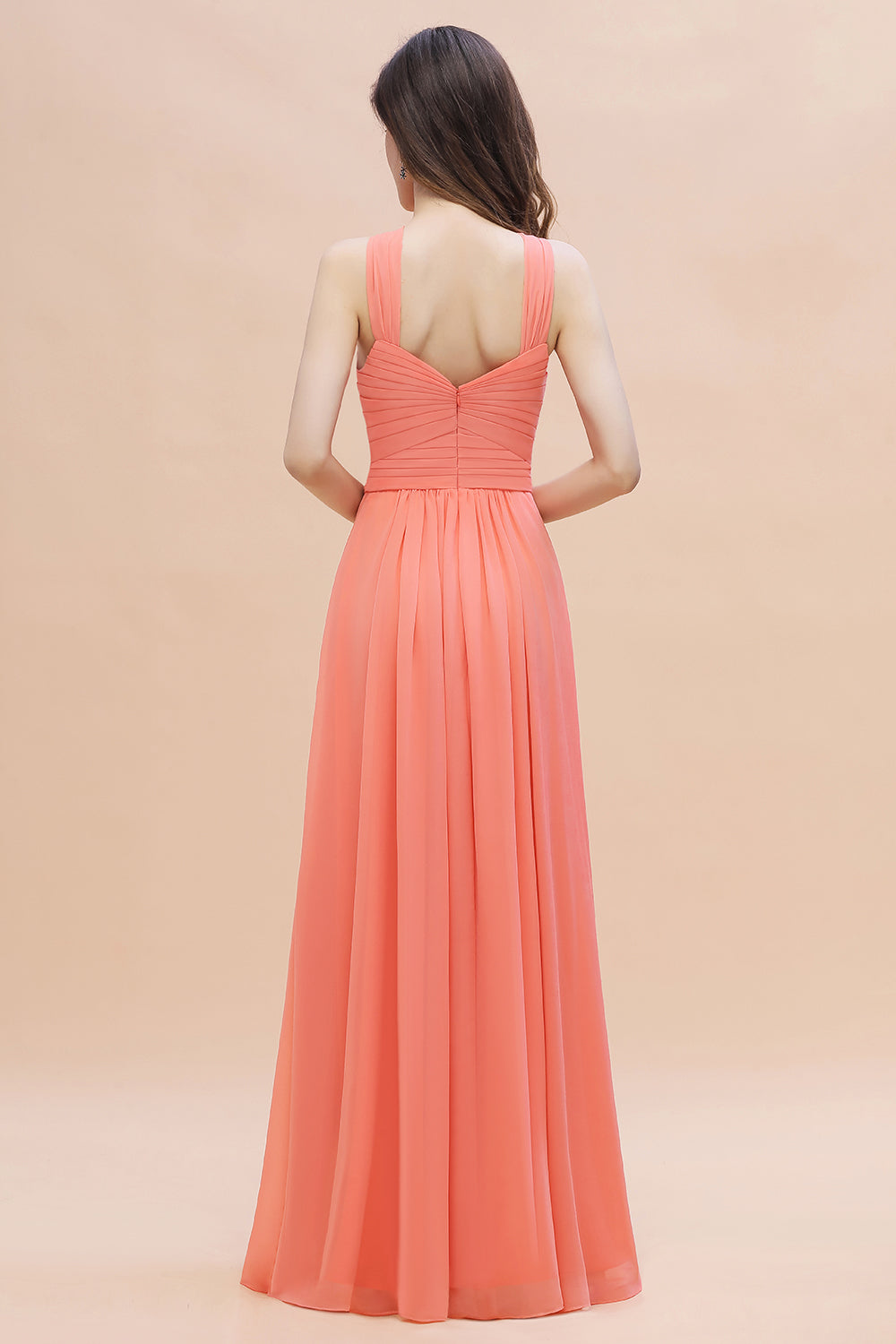Long Coral Cross Neck Chiffon Bridesmaid Dress A-Line Wedding Guest Dress With Slit