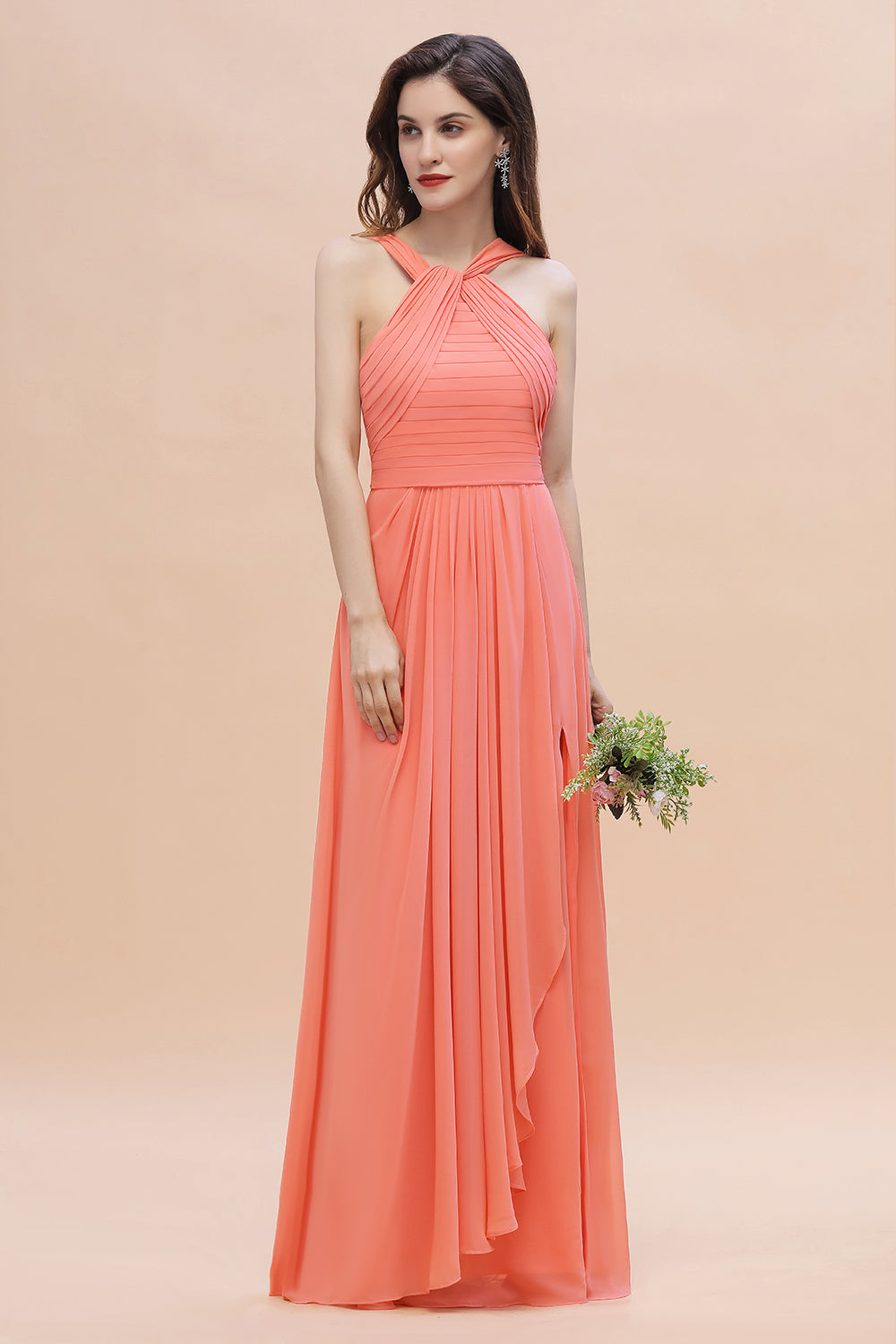 Long Coral Cross Neck Chiffon Bridesmaid Dress A-Line Wedding Guest Dress With Slit