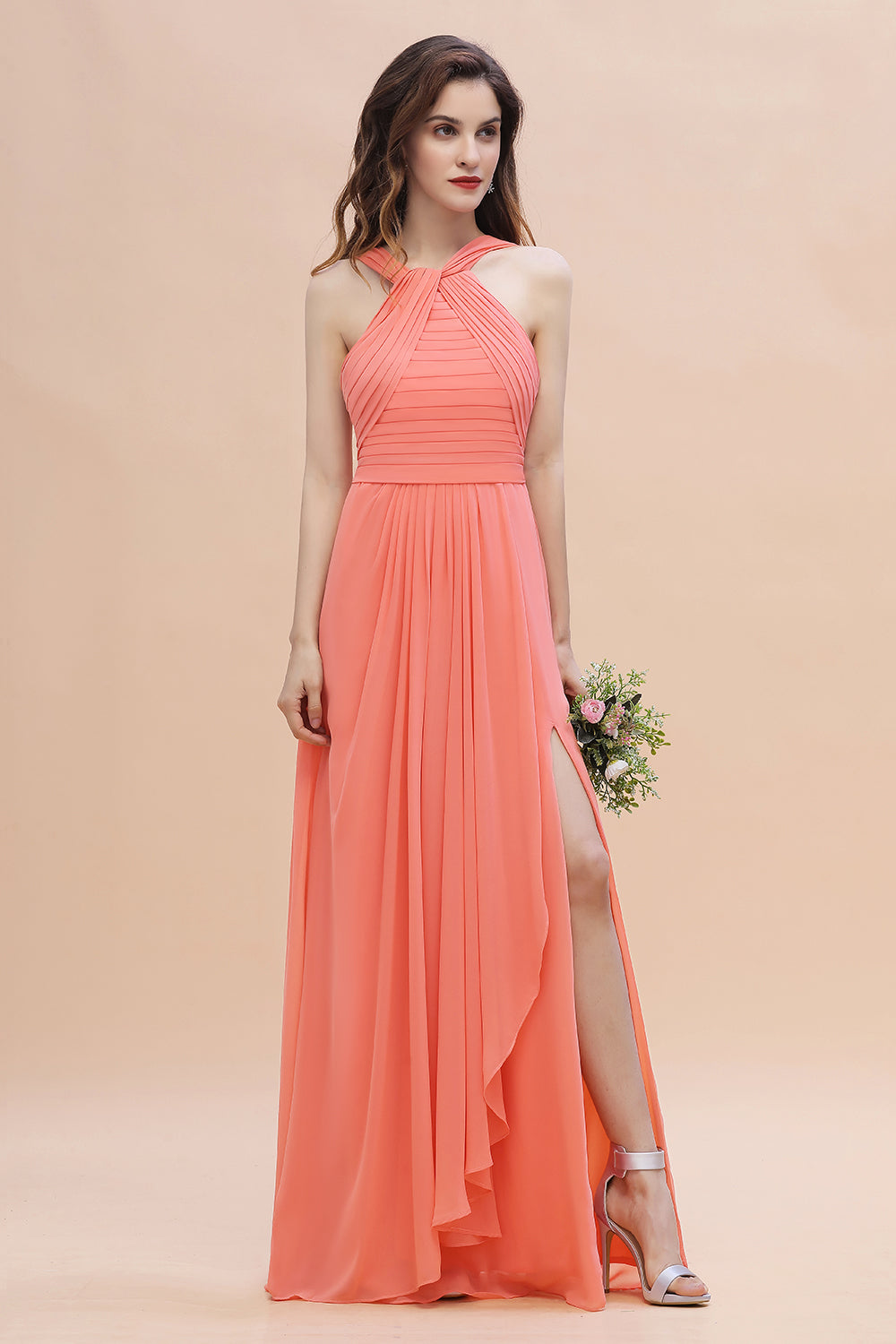 white christmas dresses Long Simple Jewel Sleeveless Coral Chiffon Bridesmaid Dress Online – 27dress
