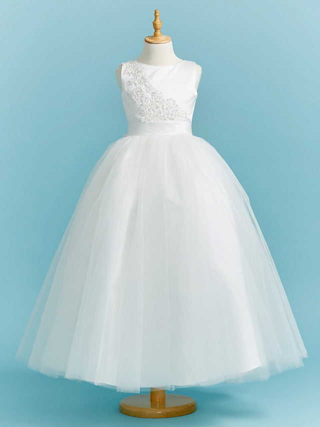 Long Flower Girl Dresses Ball Gown Crew Neck Lace Tulle Junior Bridesm –  BIZTUNNEL