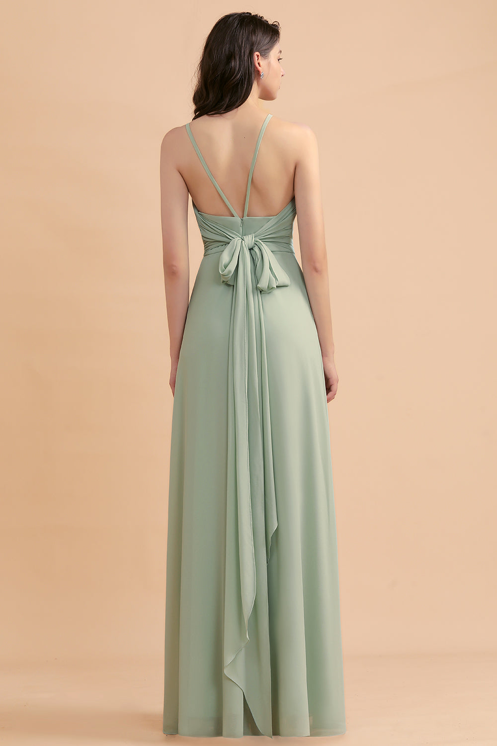 Long Halter A-Line Backless Wedding Guest Dress Simple Chiffon Bridesmaid Dress with Slit