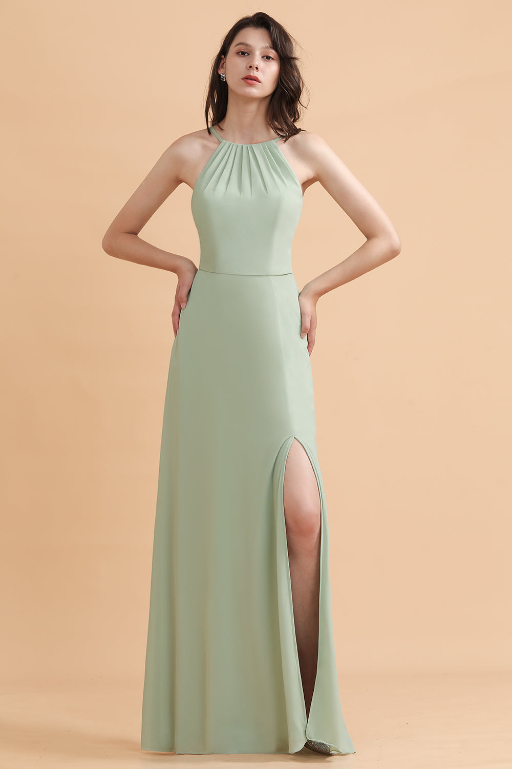 Long Halter A-Line Backless Wedding Guest Dress Simple Chiffon Bridesmaid Dress With Slit