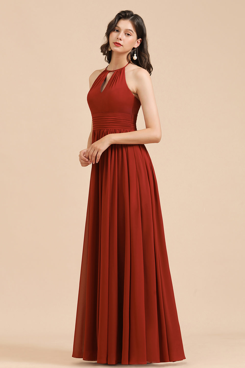 Long Halter A-Line Pleated Chiffon Bridesmaid Dress