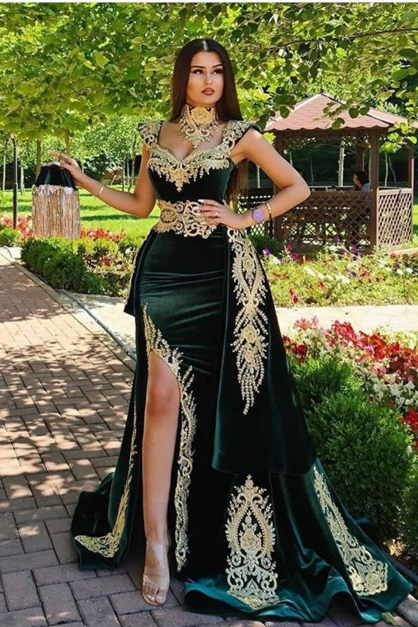 Long Mermaid Dark Green Evening Dresses with Gold Lace appliques Long Mermaid Dark Green Evening Dresses with Gold Lace appliques