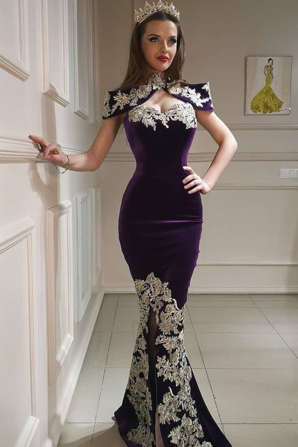 Long Mermaid High Neck Appliques Lace Backless Velvet Prom Dress Long Mermaid High Neck Appliques Lace Backless Velvet Prom Dress