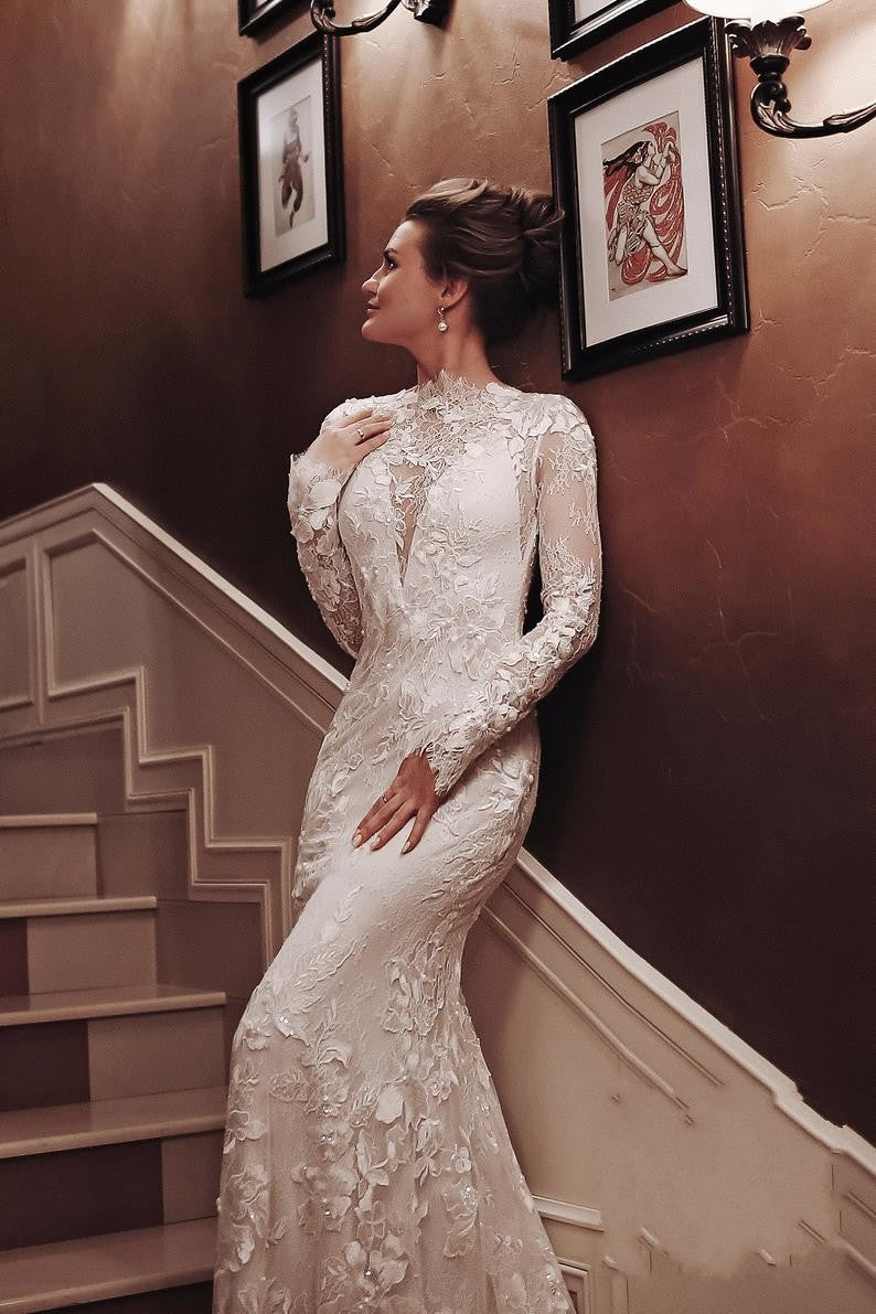 Long Mermaid High Neck Appliques Lace Backless Wedding Dress with Sleeves Long Mermaid High Neck Appliques Lace Backless Wedding Dress with Sleeves