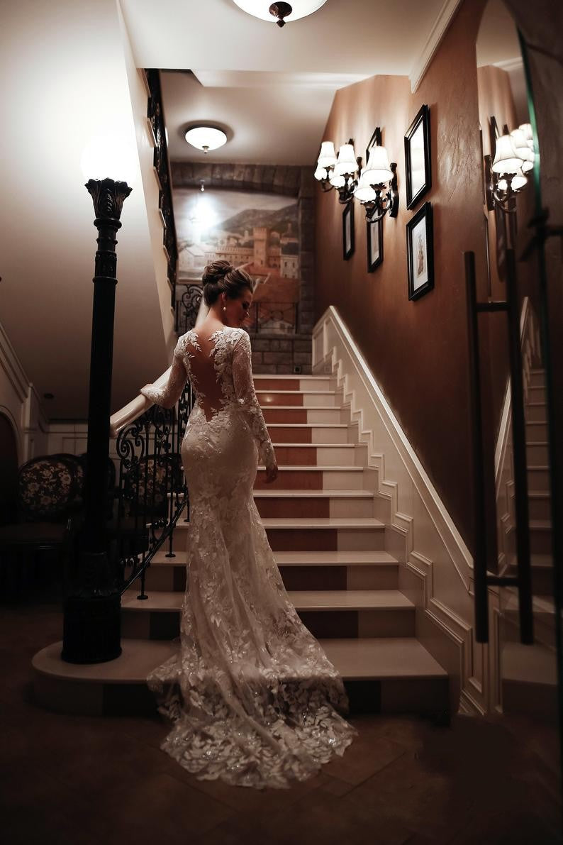 Long Mermaid High Neck Appliques Lace Backless Wedding Dress with Sleeves Long Mermaid High Neck Appliques Lace Backless Wedding Dress with Sleeves