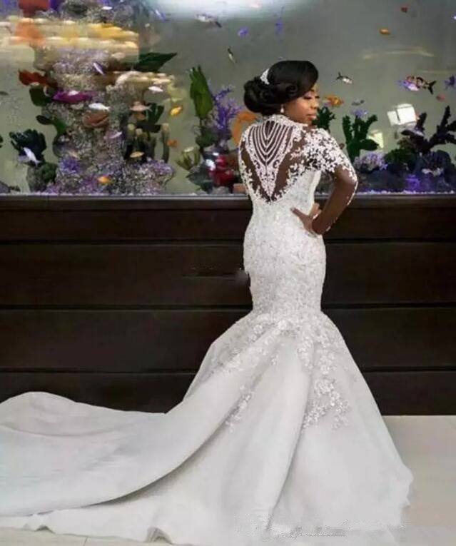 Long Mermaid High Neck Beads Lace Appliques Wedding Dress with Sleeves Long Mermaid High Neck Beads Lace Appliques Wedding Dress with Sleeves