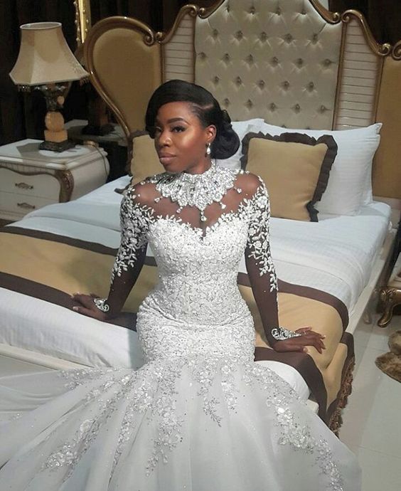 Long Mermaid High Neck Beads Lace Appliques Wedding Dress with Sleeves Long Mermaid High Neck Beads Lace Appliques Wedding Dress with Sleeves