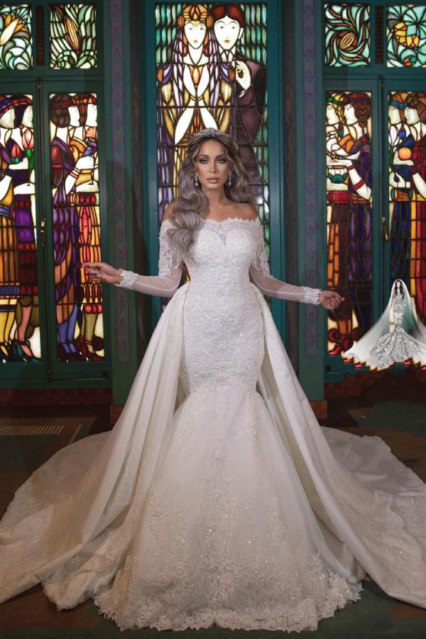 knee length dresses for ladies Dreamyannie Women Wedding Dress Lace Long Sleeves Off The Shoulder Trumpet  Mermaid Bridal Dress With Pearl – Dreamyannie UK main image 1