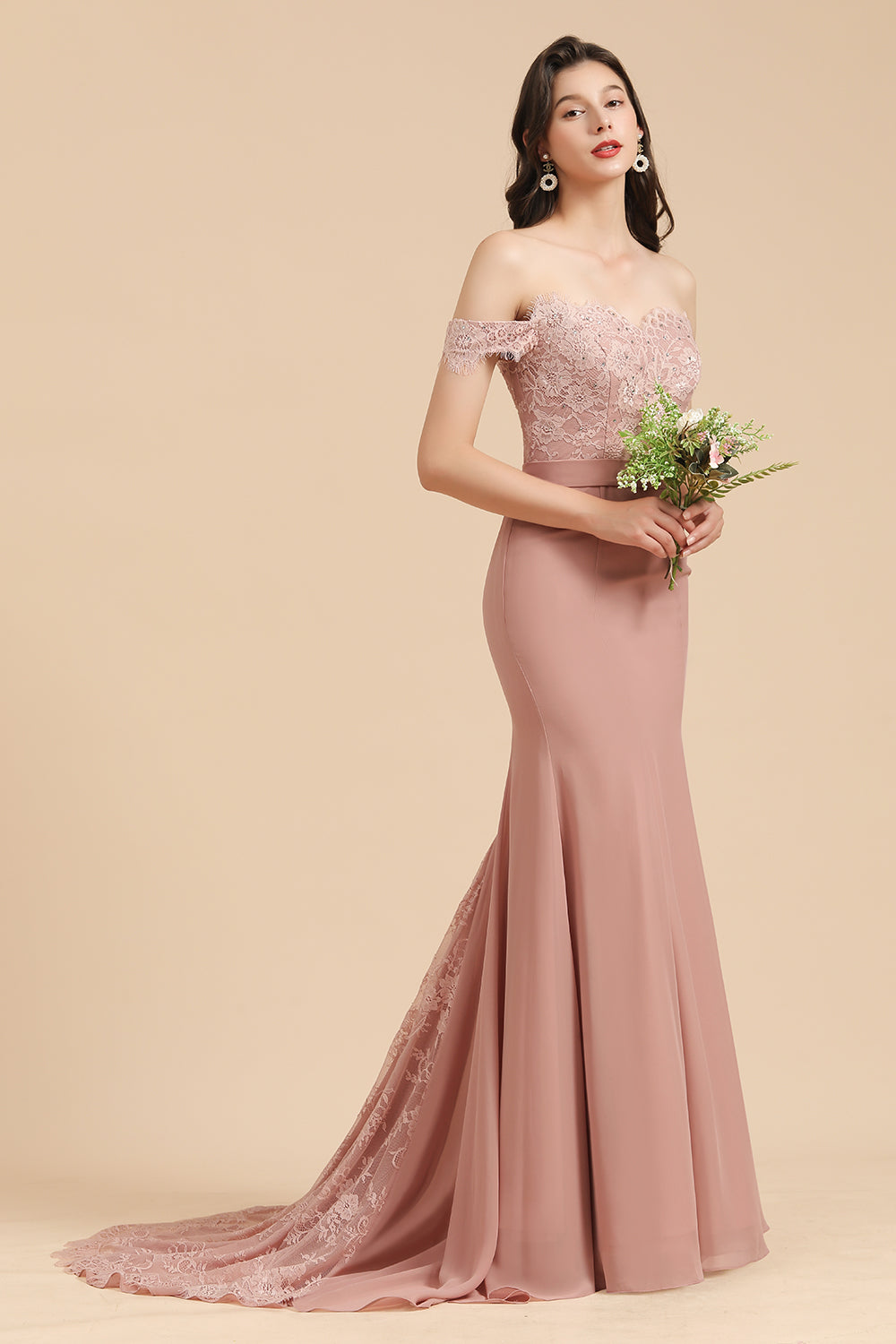 Long Mermaid Off The Shoulder Dusty Rose Bridesmaid Dress with Lace