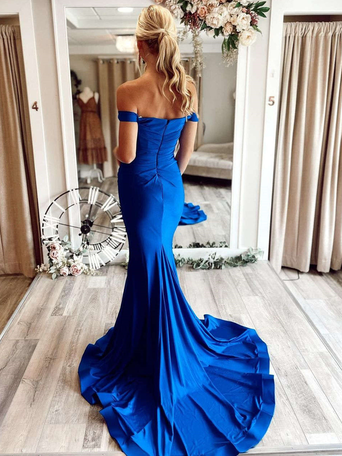 Long Mermaid off the shoulder Satin Prom Dress Royal Blue Formal Eveni BIZTUNNEL Long Mermaid off the shoulder Satin Prom Dress Royal Blue Formal Eveni BIZTUNNEL