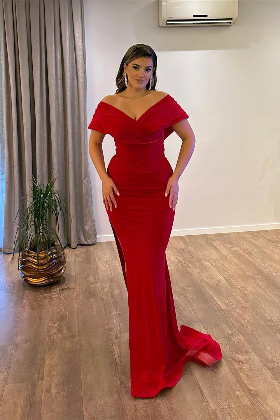 Long Mermaid Off the Shoulder Satin Red Formal Prom Dresses with Slit BIZTUNNEL Long Mermaid Off the Shoulder Satin Red Formal Prom Dresses with Slit BIZTUNNEL