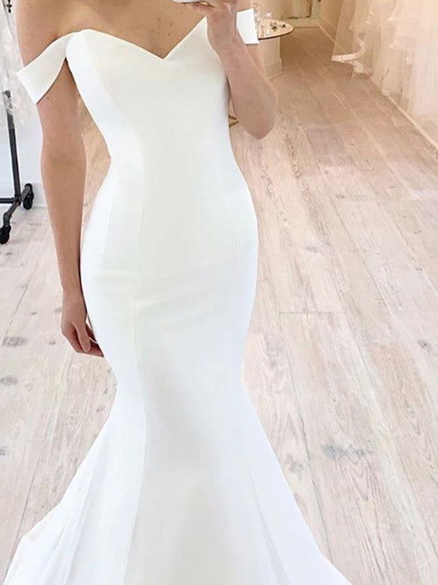 Mermaid Off Shoulder Maxi Long Satin And Lace Wedding Dresses Online main image 1
