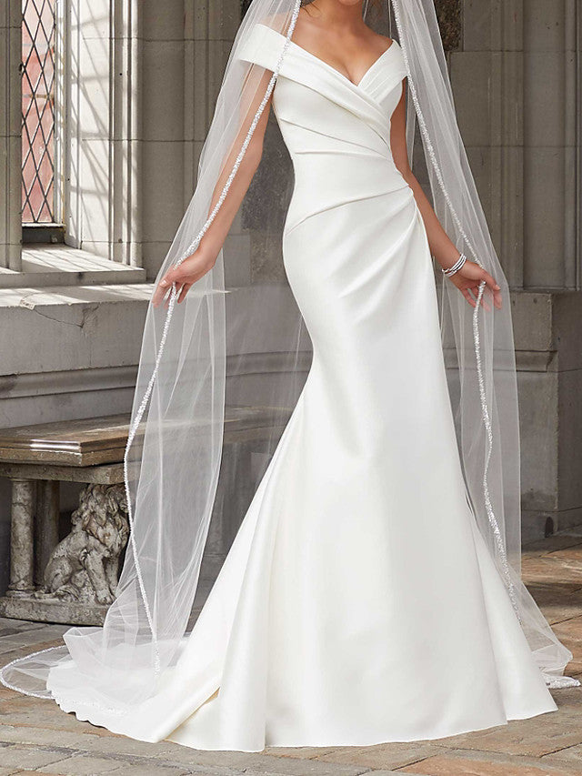 Sexy Mermaid Off The Shoulder Ivory Satin Long Wedding Dresses Brides Dress