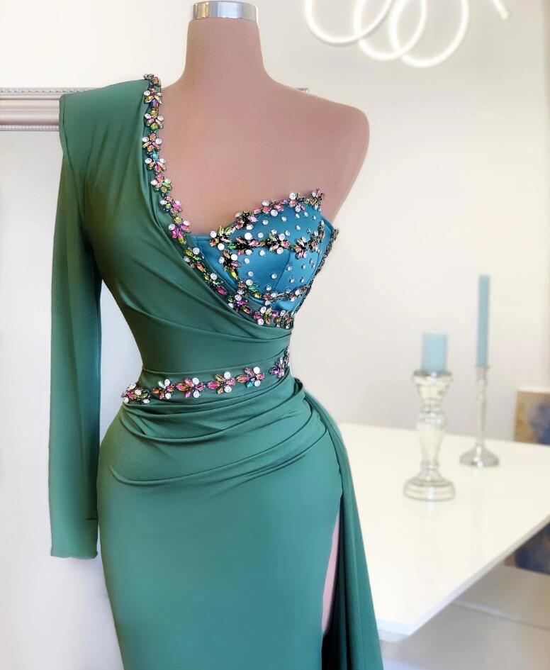 Long Mermaid One Shoulder Front Slit Prom Dress With Sleeves – BIZTUNNEL