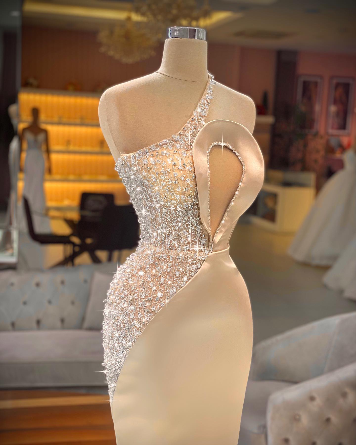 Long Mermaid One Shoulder Keyhole Crystal Prom Dress With Side Train   BIZTUNNEL