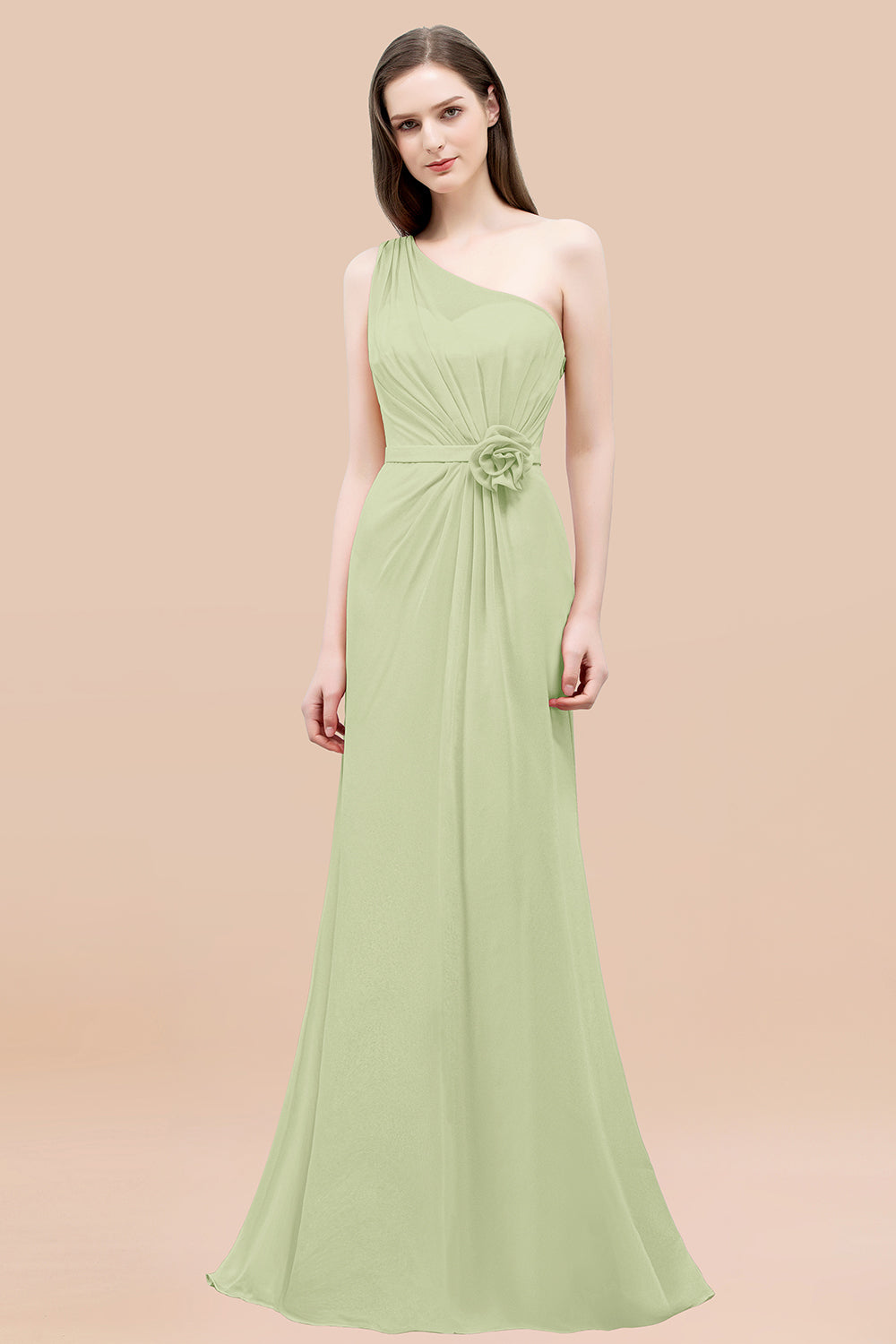Long Mermaid One shoulder Ruffled Chiffon Bridesmaid Dresses with Flower