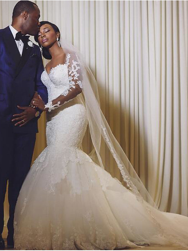 Long Mermaid Scoop Neck Court Train Organza Wedding Dresses with Sleeves Long Mermaid Scoop Neck Court Train Organza Wedding Dresses with Sleeves