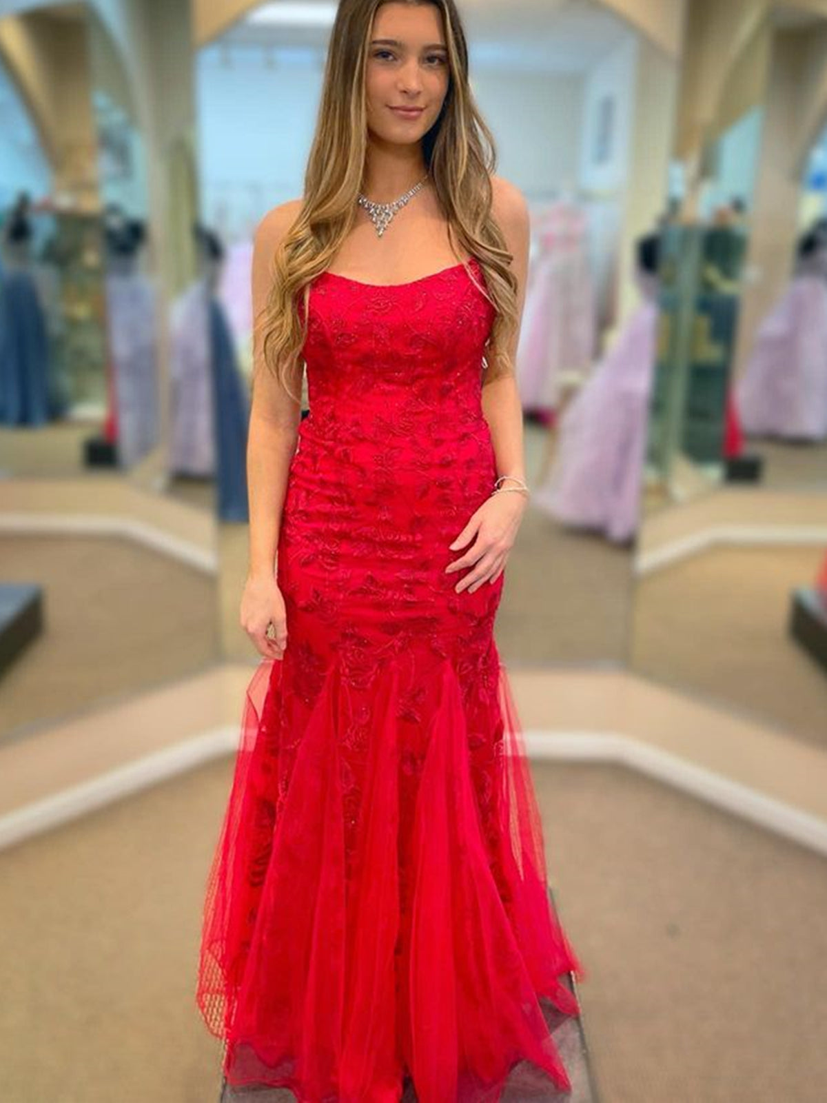 Long Mermaid Spaghetti Straps Tulle Lace Open Back Prom Dress Red Formal Evening Gowns Long Mermaid Spaghetti Straps Tulle Lace Open Back Prom Dress Red Formal Evening Gowns