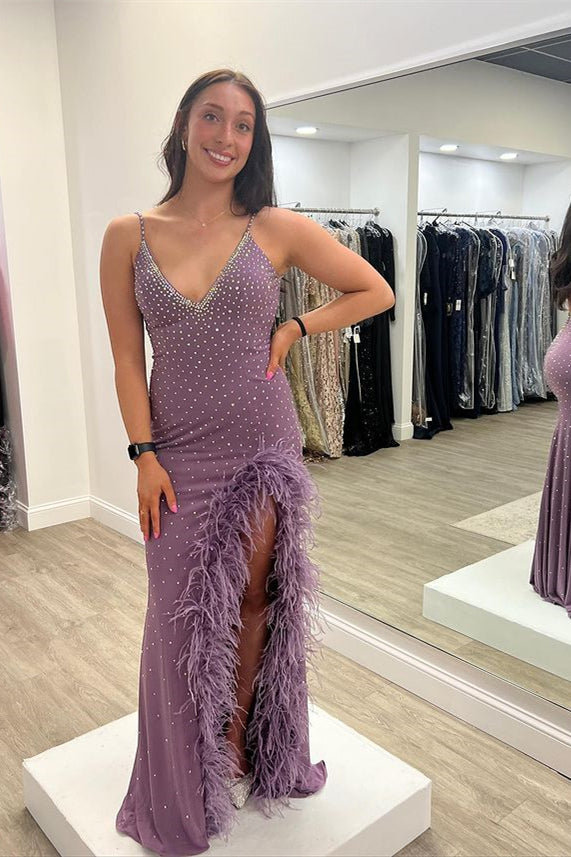 Long Mermaid Spaghetti Straps V-neck Prom Dresses with Slit – BIZTUNNEL