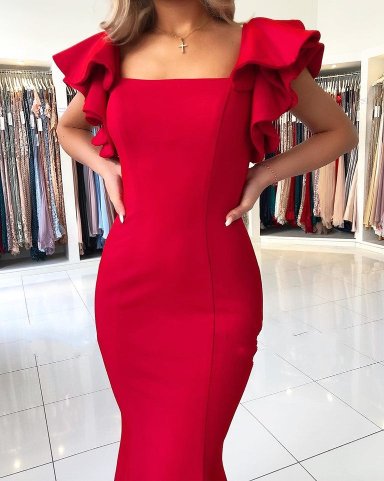 Long Mermaid Square Neckline Satin Open Back Red Prom Dresses – BIZTUNNEL